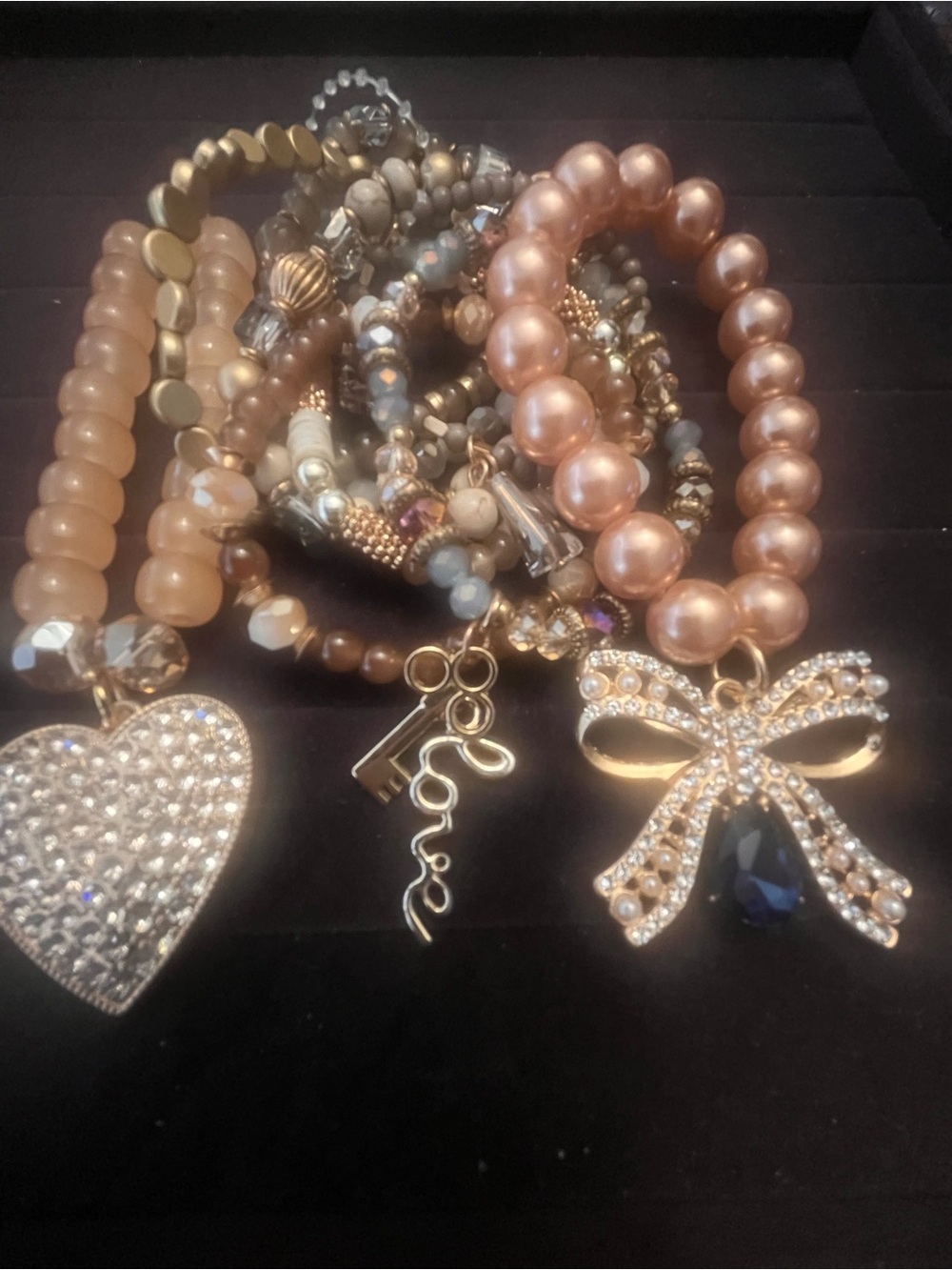 Gold-Tone Pearl & Charm Stretch Bracelet Set - Elegant Bow, Heart & Key Charms